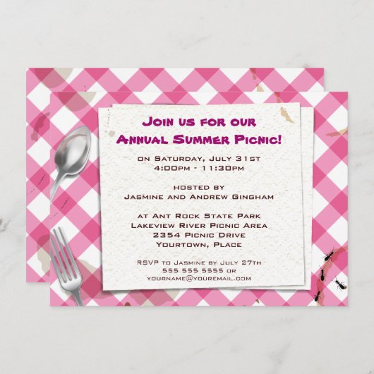 ピンクギンガムピクニックBBQパーティの招待状 招待状 (正面/裏面)