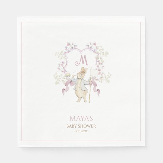 ピンクギンガムピーターザラビットクレストベビーシャワー スタンダードランチョンナプキン (正面)
