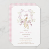 ピンクギンガムピーターザラビットモノグラム赤ちゃんシャワー 招待状 (正面/裏面)