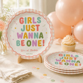 ピンクギンガムファッション1歳の誕生日おめでとうGirls Just Wanna Be One ペーパープレート