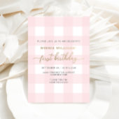 ピンクギンガムファースト誕生日ゴールドフォイル招待状 箔招待状