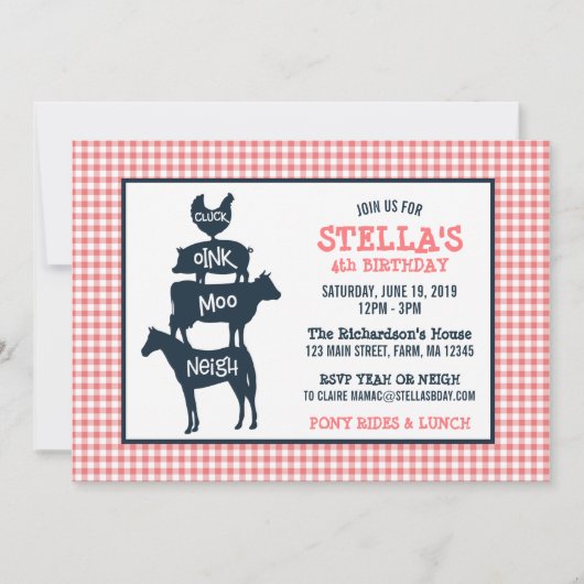 ピンクギンガムファームテーマアニマルガール誕生日 招待状 (正面)