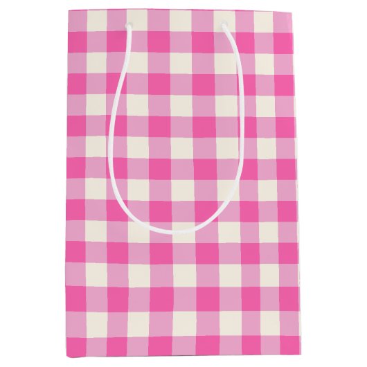ピンクギンガムプレイドコテージコア ミディアムペーパーバッグ (正面)