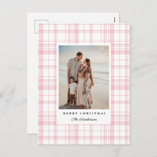 ピンクギンガムプレイドタータンチェッククリスマスフォトカード シーズンポストカード (正面/裏面)
