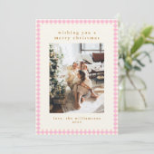ピンクギンガムプレイドポートレート2枚の写真クリスマス シーズンカード (スタンド正面)