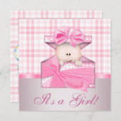 ピンクギンガムベビーガールシャワー招待状 招待状 (正面/裏面)