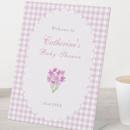 ピンクギンガムベビーシャワーのウェルカムテーブルサイン 台座サイン