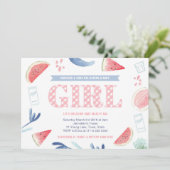 ピンクギンガムベビー-qカップル女の子のための赤ちゃんシャワー 招待状 (スタンド正面)