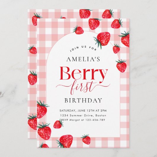 ピンクギンガムベリーファースト誕生日ストロベリーガール 招待状 (正面/裏面)