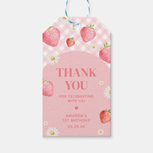 ピンクギンガムベリーファースト誕生日パーティーメッセージカード ギフトタグ (正面)