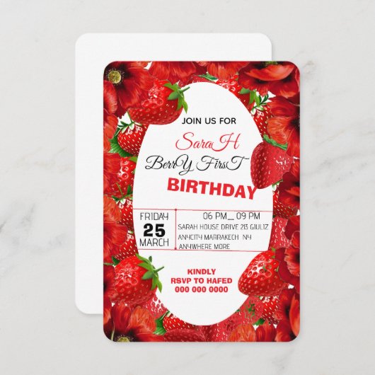 ピンクギンガムベリーファースト誕生日招待状テンプレート セーブザデート (正面/裏面)