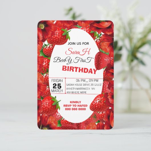 ピンクギンガムベリーファースト誕生日招待状テンプレート 招待状 (スタンド正面)