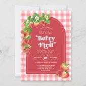 ピンクギンガムベリー第1のイチゴ第1の誕生日 招待状 (正面)