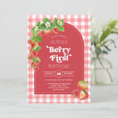 ピンクギンガムベリー第1のイチゴ第1の誕生日 招待状 (スタンド正面)
