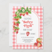 ピンクギンガムベリー第1のイチゴ第1の誕生日 招待状 (正面)