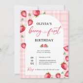 ピンクギンガムベリー第1のイチゴ第1の誕生日 招待状 (正面)