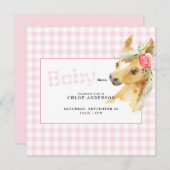 ピンクギンガムホースベビーシャワースクエア 招待状 (正面/裏面)