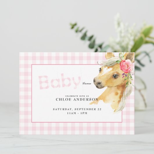 ピンクギンガムホースベビーシャワー招待状 招待状 (スタンド正面)
