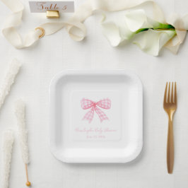 ピンクギンガムボウリボンパーソナライズされたコケット ペーパープレート