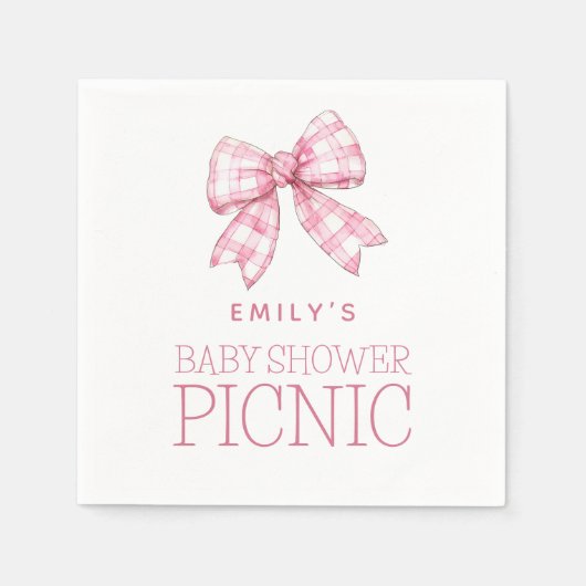 ピンクギンガムボウ名ベビーシャワーピクニック スタンダードカクテルナプキン (正面)