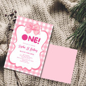 ピンクギンガムボウ1st誕生日招待状 招待状
