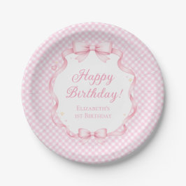 ピンクギンガムリボンガール1歳の誕生日パーティーペーパー ペーパープレート