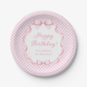 ピンクギンガムリボンガール1歳の誕生日パーティーペーパー ペーパープレート