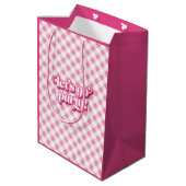 ピンクギンガムレッツゴーパーティー誕生日 ミディアムペーパーバッグ (裏面アングル)