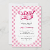 ピンクギンガムレッツゴーパーティー誕生日 招待状 (正面)