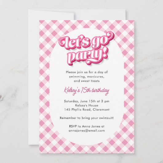 ピンクギンガムレッツゴーパーティー誕生日 招待状 (正面)