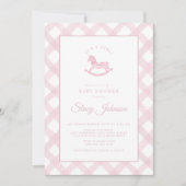 ピンクギンガムロッキングホースガールベビーシャワー招待状 招待状 (正面)