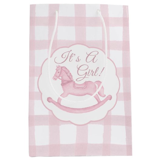 ピンクギンガムロッキングホースガールベビー抱き枕 ミディアムペーパーバッグ (正面)