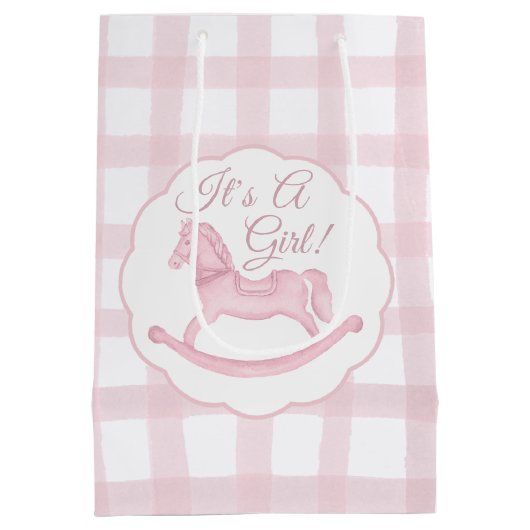 ピンクギンガムロッキングホースガールベビー抱き枕 ミディアムペーパーバッグ (裏面)