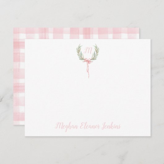 ピンクギンガムローレルクレストサンキューカード サンキューカード (正面/裏面)