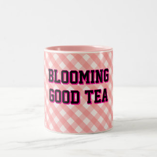 ピンクギンガム背景のBLOOMING GOOD TEA ツートーンマグカップ