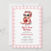 ピンクギンガム&ストロベリーベリー1st誕生日パーティー 招待状 (正面)