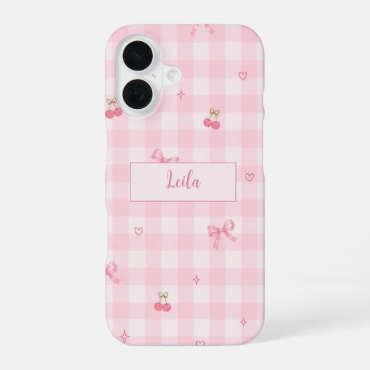 ピンクギンガム チェリーリボン 手書き風ネーム デザイン iPhone 16ケース (裏面)