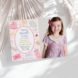 ピンクギンガム "Two Much Fun" 2歳の誕生日写真 招待状