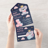 ピンククイーンコアラベアーガールネイビーブルーベビーシャワー オールインワン招待状 (貼ってはがせる)