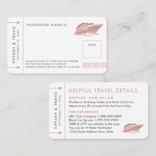 ピンクククルーズチケット搭乗パスプレイスエスコートカード プレイスカード (正面/裏面)