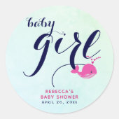 ピンククジラベビー海ネイビーブルーベビーガールシャワー ラウンドシール (正面)