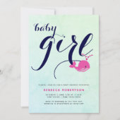 ピンククジラ海軍タイポグラフィ海ベビーガールシャワー 招待状 (正面)