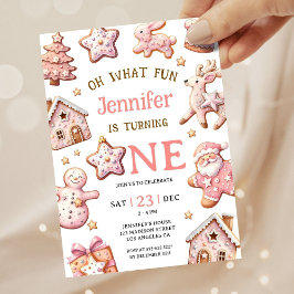 ピンククッキーで楽しいクリスマス 1歳の誕生日 招待状