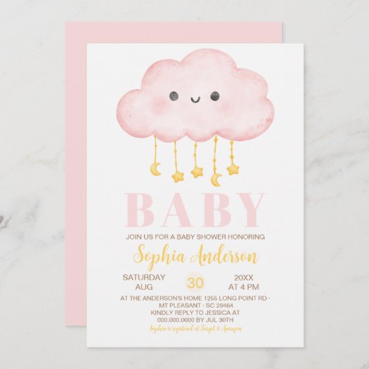 ピンククラウドガール赤ちゃんシャワー 招待状 (正面/裏面)