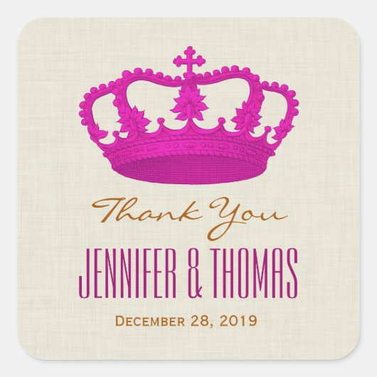 ピンククラウンありがとうご結婚ざいま新郎新婦V25 スクエアシール (正面)