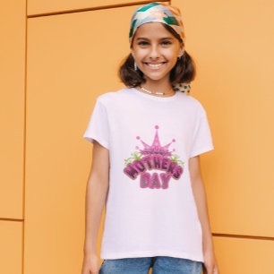 ピンククラウンハッピーマザーデイガールズホワイトTシャツ Tシャツ