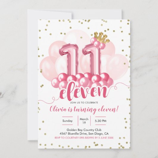 ピンククラウンバルーンイレブン誕生日招待状 招待状 (正面)