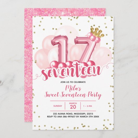 ピンククラウンバルーンセブン誕生日招待状 招待状 (正面/裏面)