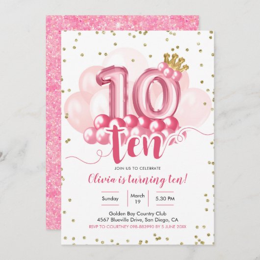 ピンククラウンバルーンティッド誕生日招待状 招待状 (正面/裏面)
