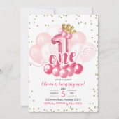 ピンククラウンバルーンファースト誕生日招待状 招待状 (正面)